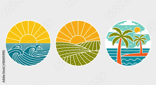Vector collection of circular nature emblems showing a sunrise over ocean waves, rolling farm fields, and a tropical beach with palm trees