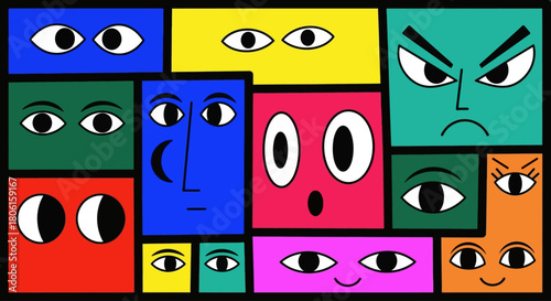 Abstract composition of colorful geometric blocks featuring a variety of stylized cartoon faces and emotional expressions