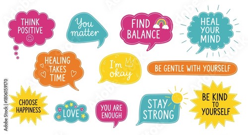 Vector illustration set of positive self-talk phrases and motivational messages in colorful thought bubbles