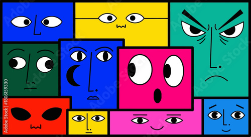 A vibrant and quirky collection of colorful geometric block characters displaying a wide range of cartoon emotional expressions