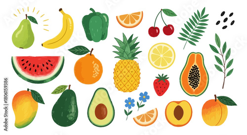 Colorful summer fruit assortment illustrated in a fresh, textured style. A vector collection of healthy, organic food icons for design projects