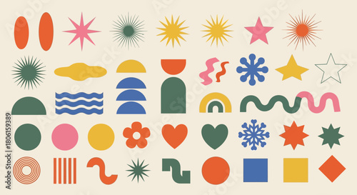 A vibrant collection of retro-inspired abstract geometric shapes, minimalist symbols, and modern design elements for creative projects