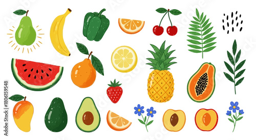 Vibrant collection of hand-drawn textured summer fruits and tropical plants vector design elements