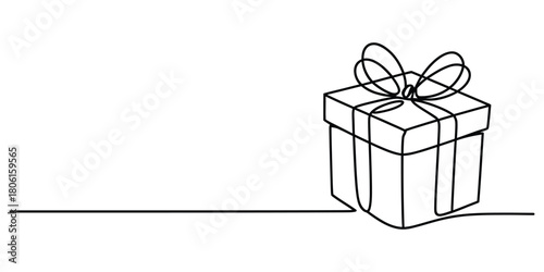 Continuous line drawing of a gift box with a bow, minimalist style.