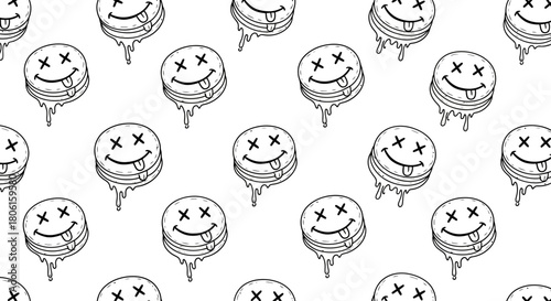 Abstract doodle pattern featuring repeating cartoon pancakes with dizzy X-eyes and a dripping smile, a black and white vector background