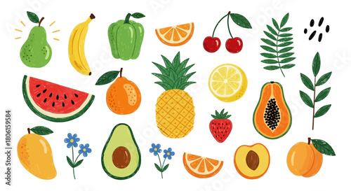 Colorful collection of hand-drawn textured fruits and botanicals. Summer food set with pineapple, avocado, and watermelon illustrations