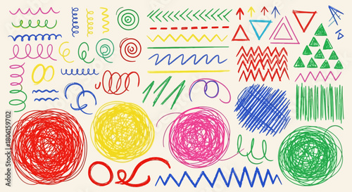 A vibrant collection of hand-drawn crayon scribbles and doodles. Abstract vector set of colorful lines, arrows, and messy shapes for creative design