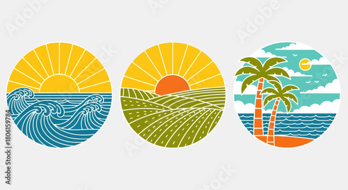 Collection of three retro nature landscape emblems depicting sunrises over ocean waves, rolling farm fields, and a tropical beach