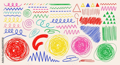 Collection of colorful hand-drawn scribbles and doodle elements. Abstract crayon sketch textures and chaotic lines for creative design projects