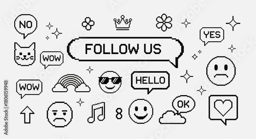 Set of pixel art icons for social media engagement, including follow us speech bubble, emoticons, and retro 8-bit symbols