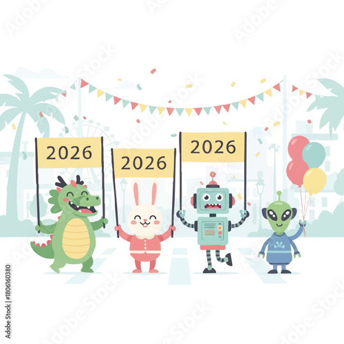 A whimsical illustration features a parade of cheerful cartoon characters, each holding signs displaying the year 2026, celebrating a future event.