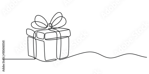 Minimalist continuous line art drawing of a present with a bow