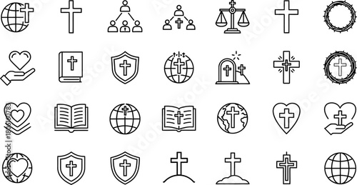 Christian religion faith symbols simple outline icon vector set