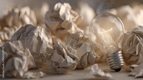 Bright light bulb surrounded by crumpled paper symbolizes ideas and creativity in a workspace setting