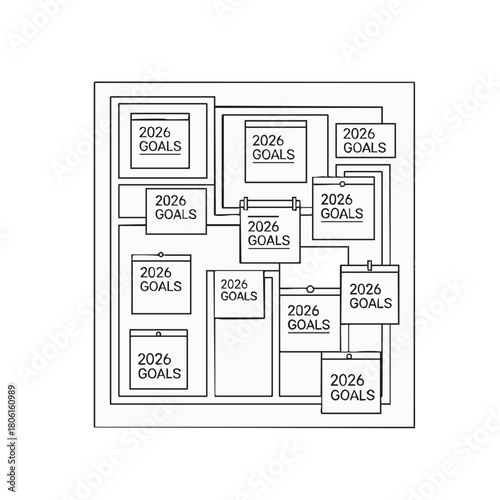 A detailed illustration showcases interconnected 2026 goals, symbolizing planning, strategy, and future aspirations for success and achievement.