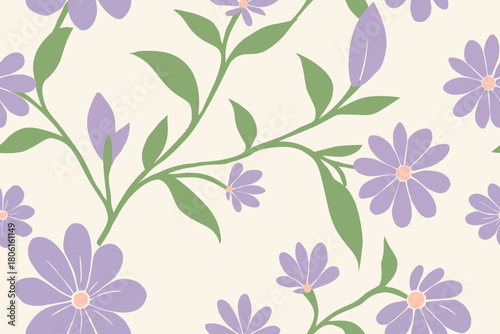 A soft floral pattern featuring lavender daisies, green leaves, and flowing stems on a light cream background, creating a calm, elegant, and nature-inspired design.
