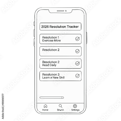A smartphone screen displaying a 2028 resolution tracker with options for exercise, reading, and skill development, outlined in a modern design.
