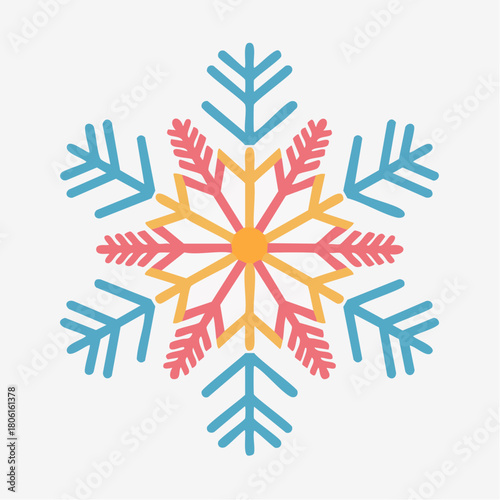 Abstract flat graphic design of a snowflake with six pointed symmetry in blue, yellow, and pink hues on a light gray background