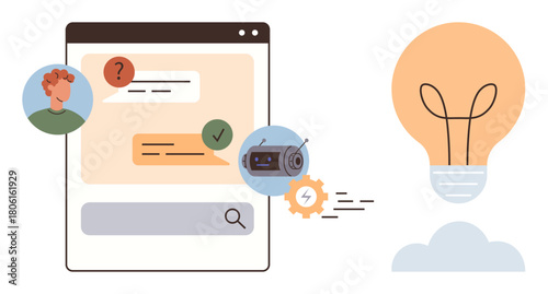 Chat interface with user and chatbot profile, AI workflow gears, and light bulb representing innovation. Ideal for technology, AI, messaging, problem-solving, creativity ideas and communication. A