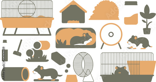 Hamster and Gerbil Accessories Flat Illustration Cages, Wheels, House, and Toys