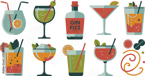 Illustrated Cocktail Collection Gin Fizz Bottle, Martini, and Tropical Drinks with Fruit Garnishes on White