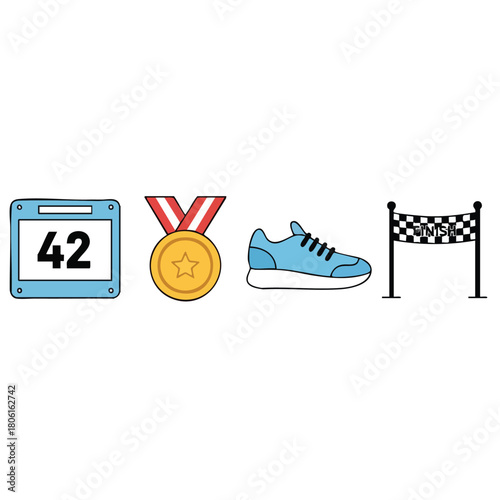 Collection of race day symbols bib medal shoe and finish line.