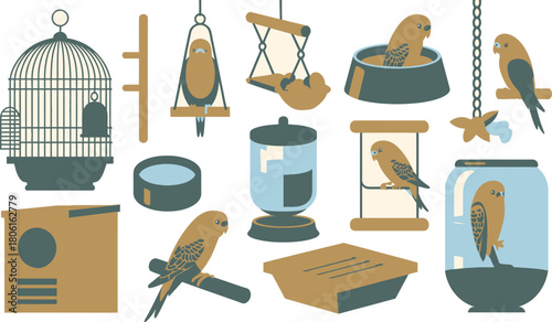 Illustrated Collection Budgies in Birdcages, Birdhouses, Playstands, Dishes, and Water Dispensers, Against a White Background