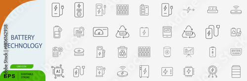 Battery Technology Energy Storage Charging Line Vector Icon Set