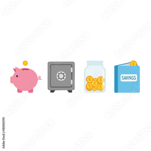 Collection of Savings Icons Piggy Bank Safe Jar and Book.