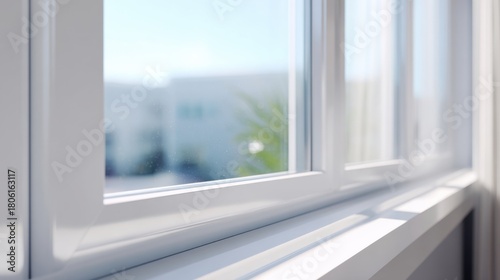 Minimal bright view of white window frame with soft sunlight and blurred exterior background ideal for architecture themes interior design and clean lifestyle concepts