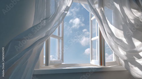 Soft curtains sway in the gentle breeze by the open window