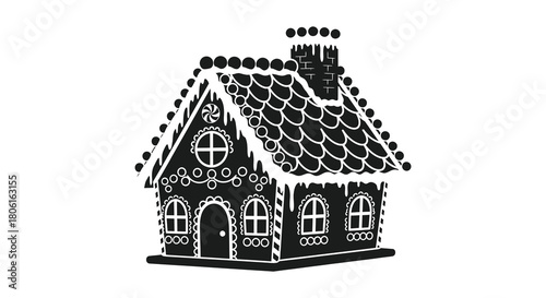 Intricate black and white silhouette of a festive gingerbread house decorated with icing and candy details