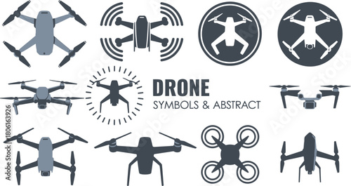Illustration of Different Drone Designs, Including Abstract Symbols, Drone Silhouettes and Realistic Style Renderings
