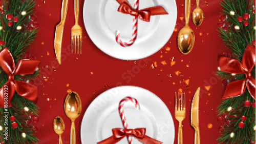 Christmas plate settings with candy canes and golden cutlery for festive dining. White dishes with red bows, pine branches, berries and confetti - holiday table arrangement for seasonal feast or party