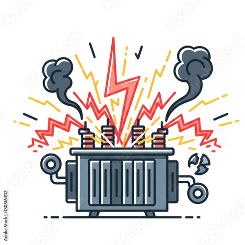 Illustration of an electrical transformer experiencing a short circuit. Isolated on a white background.