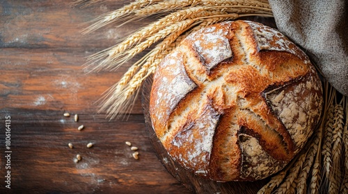 Sourdough bread lined with a wooden board, surrounded by wheats, and placed on a wooden surface.
