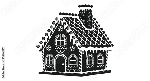 Detailed black and white illustration of a festive gingerbread house decorated with icing and candy ornaments