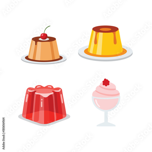 Collection of Sweet Desserts Flan Jelly and Mousse Illustrations.