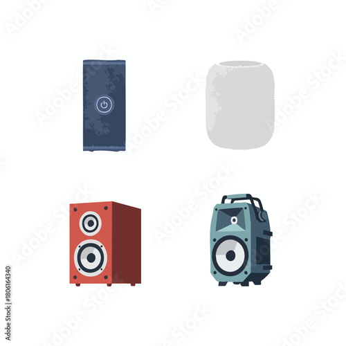 Collection of Various Audio Speakers and Sound Systems on a White Background.