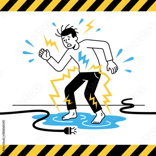 illustration of a person without shoes experiencing an electric shock in a wet area.
