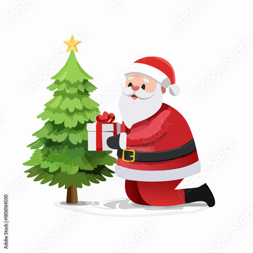 3D rendering of Santa Claus placing a gift under an invisible tree (object not shown), kneeling pose,