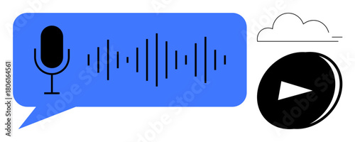 Microphone, soundwaves in speech bubble, play button, and cloud symbolizing audio, technology, communication, media. Ideal for podcasts, speech recognition streaming cloud storage innovation