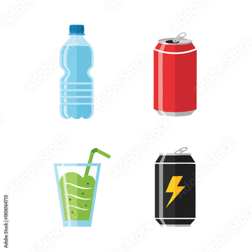 Collection of Various Drinks Water Soda Smoothie and Energy Drink.