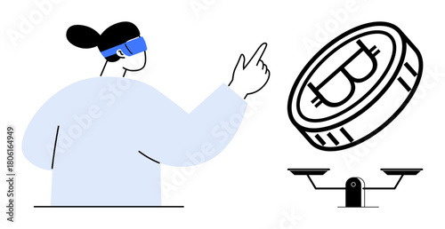 Person wearing VR headset interacting with Bitcoin coin and scales, exploring virtual finance. Ideal for blockchain, cryptocurrency, fintech, innovation, digital economy, VR, simple flat metaphor