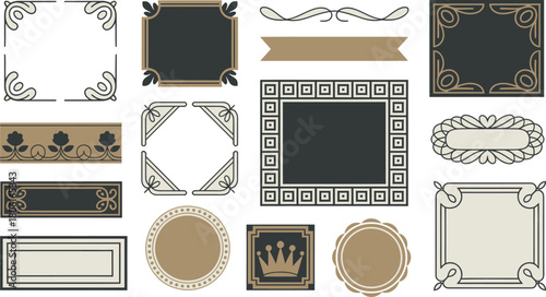 Ornamental Frame and Border Collection Decorative Elements, Banners, Crowns, Corner Flourishes, and Frame Designs
