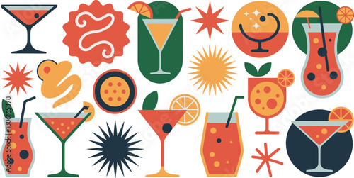 Retro Cocktail Illustration Martini Glasses, Colorful Shapes, Orange Slices, and Summer Vibes on White Background