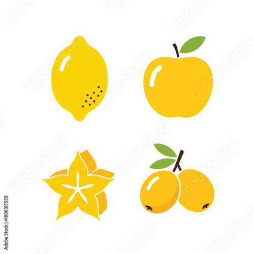 Collection of various yellow fruits including lemon apple starfruit and loquat.