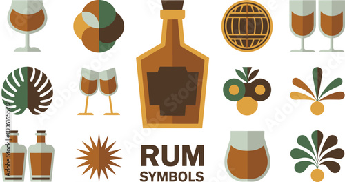 Rum Symbols Bottle, Glasses, Barrel, Tropical Leaf, and Abstract Design in Earth Tones