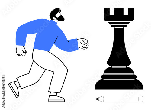 Man moving toward large chess rook with pencil below, combining strategy and creativity. Ideal for leadership, planning, problem-solving, competition, innovation, ambition strategic thinking. Simple