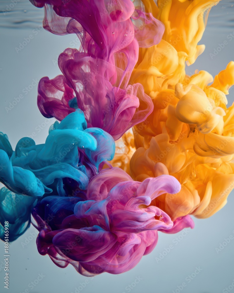 Fototapeta premium Dynamic Abstract Swirls of Pink, Orange, and Teal Ink in Water colorful vibrant
